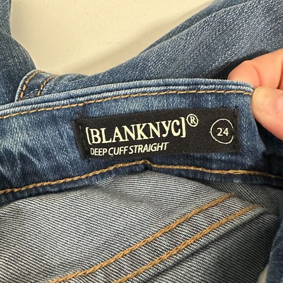 Blank NYC High Cuff Straight Medium Wash Distressed Jeans Low Rise Stretch 24 - Picture 11 of 15